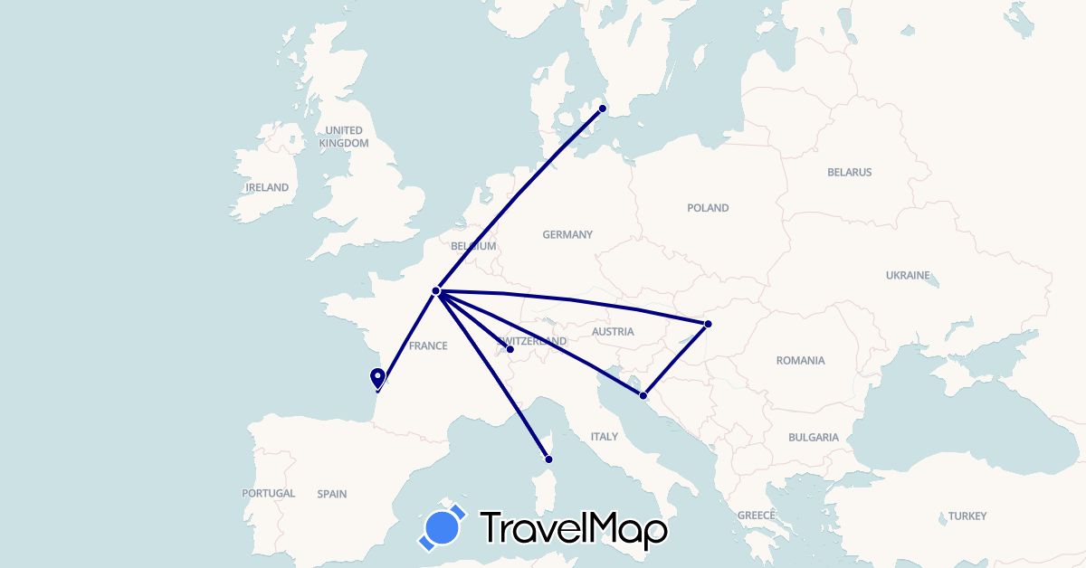 TravelMap itinerary: driving in Switzerland, Denmark, France, Croatia, Hungary (Europe)